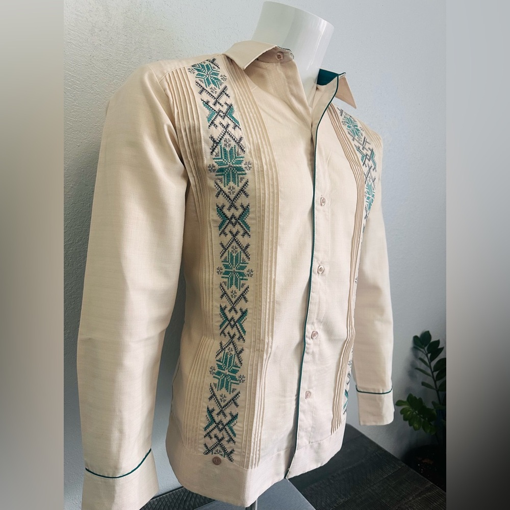 Traditional Mexican Guayabera Shirt Long Sleeve Beige Mint Green Embroidery